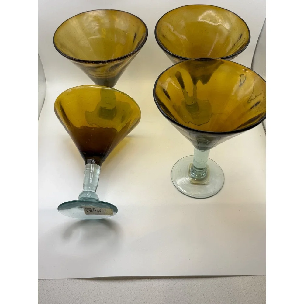 Hand Blown Amber Mexican Glass Martini Glasses Clear Stem‎ Seeded Glass Set of 4